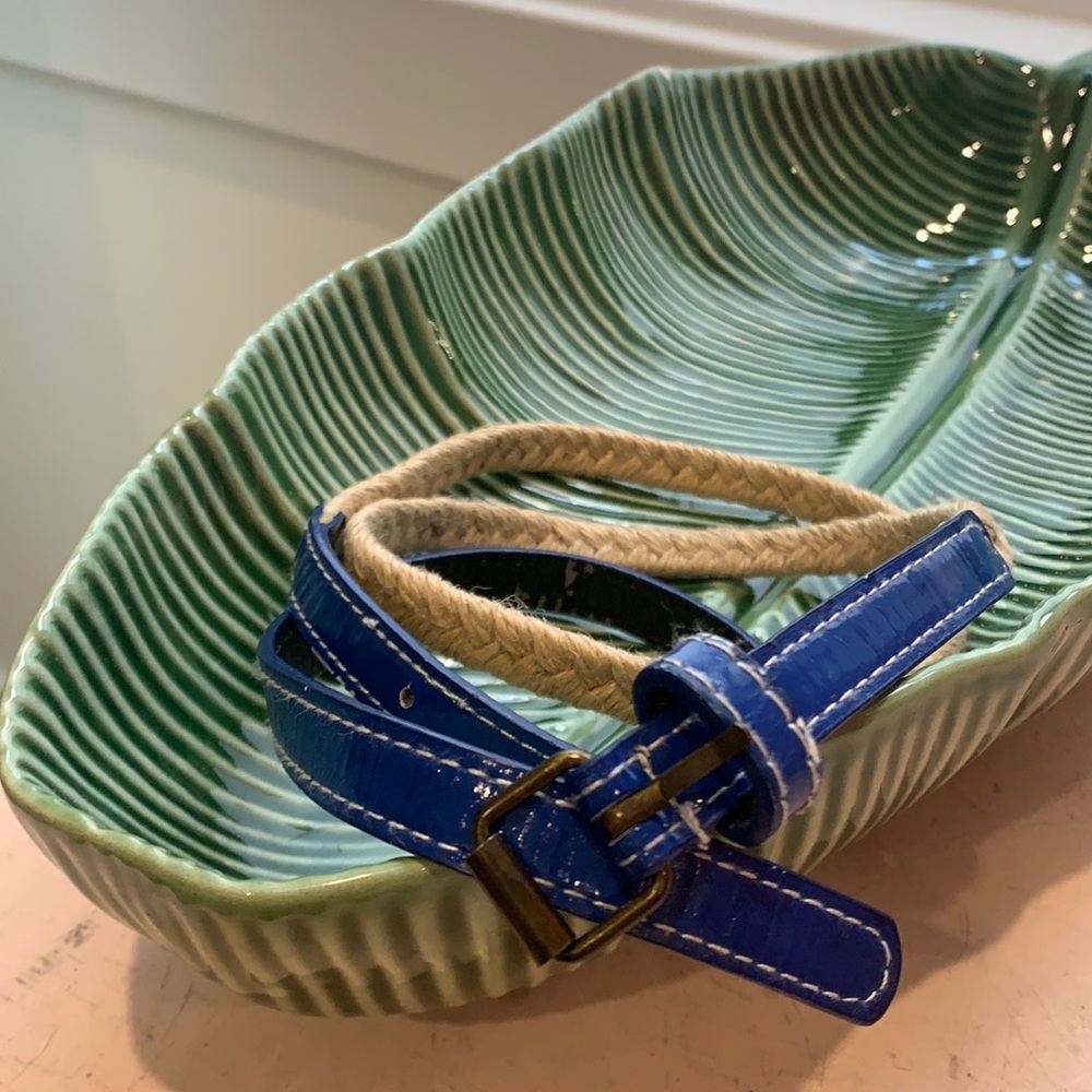 Zara patent blue and natural string weave belt